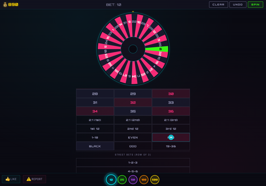 Roulette — free online neon European roulette game