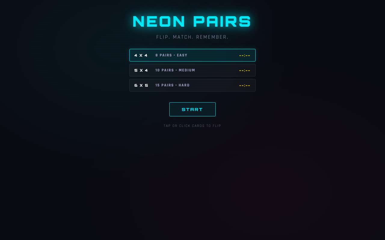 Neon Pairs — free online memory matching game